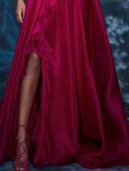 Wholesale A-Line Evening Gown Celebrity Style Dress Christmas Red Green Dress Formal Wedding Guest Floor Length Sleeveless V Neck Chiffon with Slit Pure Color