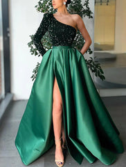A-Line Evening Gown Luxurious Red Green Dress Prom Wedding Party Floor Length Long Sleeve One Shoulder Sequined with Slit