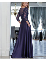 Aimishang A-Line Sheath/Column Mother of the Bride Dress Elegant Jewel Neck Floor Length Satin Evening Dress With Sleeves and Appliques