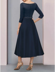 Aimishang  A-Line Mother of the Bride Dress Wedding Guest Vintage Elegant V Neck Tea Length Satin Short Sleeve with Pleats Beading
