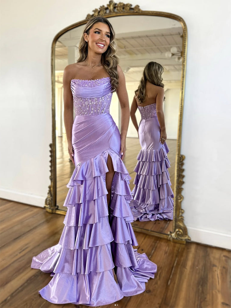 Mermaid Satin Lace Purple Long Prom Dress, Purple Long Formal Dress