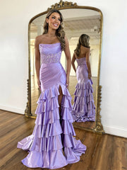 Mermaid Satin Lace Purple Long Prom Dress, Purple Long Formal Dress