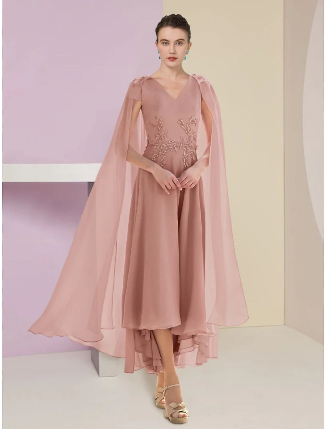 Aimishang  A-Line Mother of the Bride Dress Wedding Guest Elegant V Neck Asymmetrical Ankle Length Chiffon Lace Short Sleeve with Ruching Solid Color