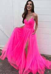 Simple Spaghetti Strap Tulle Long A-Line Prom Dresses