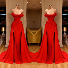 Red Off-Shoulder Ruffles Side Slit Strapless Prom Dress