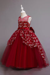 Red Princess Belt Flower Girl Dress with Bow Ball Gown for Weddings
