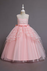 Red Princess Belt Flower Girl Dress with Bow Ball Gown for Weddings