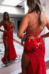 Red Sequin Mermaid Evening Dress with Slit Tulle