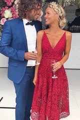 Red V Neck Asymmetrical Prom Dress A Line Lace Party Bridesmaid Dress