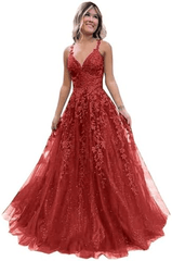 2024 Long Blue Lace Prom Dresses V Neck Formal Evening Dresses Open Back