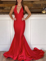 2024 Long Satin Red Evening Dresses Mermaid V Neck Cheap Prom Dress