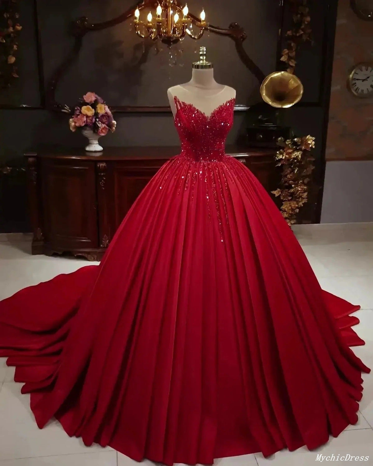 2024 Hot Red Sequins Quince Dresses Sleeveless Stretch Satin Sweet 16 Dress