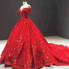 2024 Sparkly Red Ball Gown Wedding Dresses Sequin Off the Shouder Quince Dress