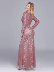 Elegant Party Wear Formal Evening Dress Long Sleeve Floor Length Tulle with Embroider