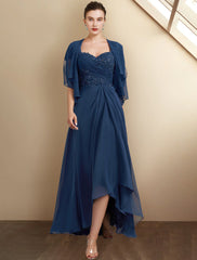 Aimishang  A-Line Mother of the Bride Dress Wedding Guest Elegant High Low Square Neck Asymmetrical Tea Length Chiffon Lace Cap Sleeve Fall Wrap Included with Sequin Appliques Side-Draped