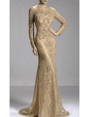Aimishang Mermaid Party Dress Evening Gown Luxurious Dress Engagement Formal Evening Sweep / Brush Train Long Sleeve Jewel Neck Fall Wedding Guest Lace with Beading Appliques
