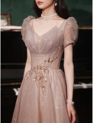 Aimishang A-Line Prom Dresses Gowns Evening Dresses Valentine's Day Wedding Guest Floor Length Short Sleeve V Neck Tulle with Sequin