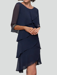 Sheath Party Dress Cocktail Dresses Tiered Plisse Dress Semi Formal Knee Length Half Sleeve Jewel Neck Fall Wedding Guest Chiffon with Rhinestone Ruffles 2025