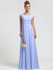 Sheath / Column Bridesmaid Dress Square Neck Short Sleeve Elegant Floor Length Chiffon with Sash / Ribbon / Pleats