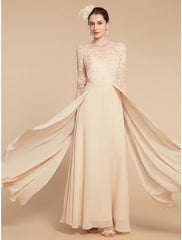 Aimishang  A-Line Mother of the Bride Dress Wedding Guest Elegant Jewel Neck Ankle Length Chiffon Lace Long Sleeve with Ruching Solid Color