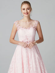 A-Line Prom Dresses Floral Dress Evening Party Ankle Length Short Sleeve Illusion Neck Lace Zipper with Appliques