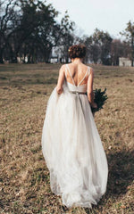 Romantic Long A-Line Tulle Wedding Dress With Spaghetti Straps And Lace Bodice