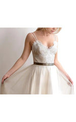 Romantic Long A-Line Tulle Wedding Dress With Spaghetti Straps And Lace Bodice