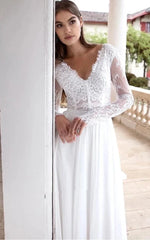 Romantic Modern A Line Floor-length Chiffon Lace V-neck Long Sleeve Wedding Dress