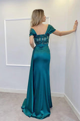 Royal Blue Evening Dress With Appliques - Off-the-Shoulder Style