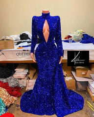 Royal Blue Long Mermaid Sequins High Neck Prom Dress with Sleeves