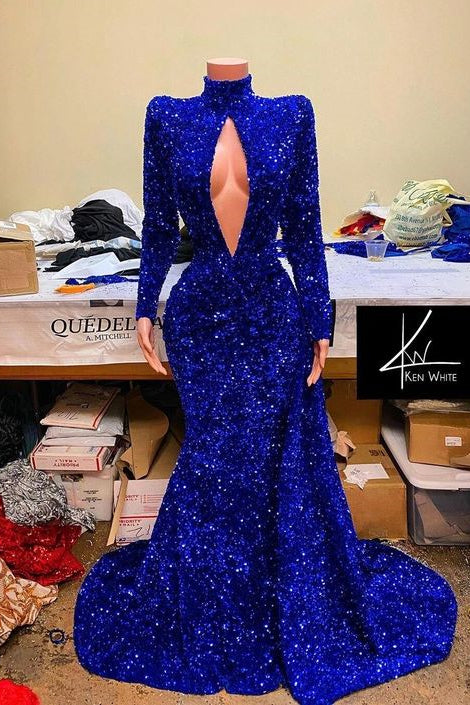 Royal Blue Long Mermaid Sequins High Neck Prom Dress with Sleeves
