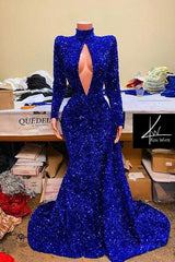 Royal Blue Long Mermaid Sequins High Neck Prom Dress with Sleeves