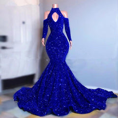 Royal Blue Sequins High Neck Long Sleeves Mermaid Prom Dress with Keyhole