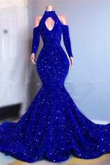 Royal Blue Sequins High Neck Long Sleeves Mermaid Prom Dress with Keyhole