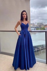 Royal Blue Spaghetti-Straps Evening Dress Lace Appliques With Pockets