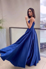 Royal Blue Spaghetti-Straps Evening Dress Lace Appliques With Pockets