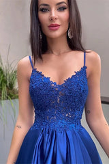 Royal Blue Spaghetti-Straps Evening Dress Lace Appliques With Pockets