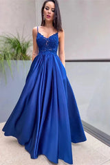 Royal Blue Spaghetti-Straps Evening Dress Lace Appliques With Pockets