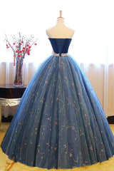 Royal Blue Sweetheart Ball Gown Evening Dress with Pearl Appliques and Sleeveless Design