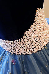 Royal Blue Sweetheart Ball Gown Evening Dress with Pearl Appliques and Sleeveless Design