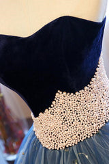 Royal Blue Sweetheart Ball Gown Evening Dress with Pearl Appliques and Sleeveless Design