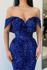 Royal Blue Sweetheart Evening Dress with Off-The-Shoulder & Sequins Mermaid Design
