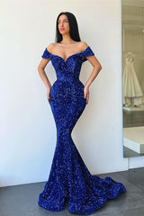 Royal Blue Sweetheart Evening Dress with Off-The-Shoulder & Sequins Mermaid Design