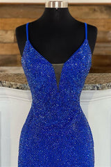 Royal Blue V Neck Mermaid Evening Dress with Appliques Splitting