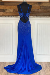 Royal Blue V Neck Mermaid Evening Dress with Appliques Splitting