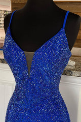 Royal Blue V Neck Mermaid Evening Dress with Appliques Splitting
