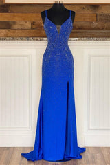 Royal Blue V Neck Mermaid Evening Dress with Appliques Splitting