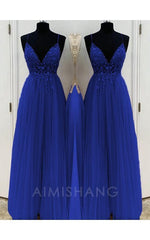 Aimishang A-Line Elegant Beading Tulle Spaghetti Straps Sleeveless Floor-Length Prom Dresses