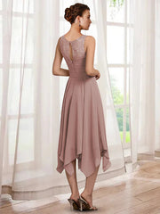 Two Piece A-Line Mother of the Bride Dress Elegant Jewel Neck Tea Length Chiffon Lace Half Sleeve Wrap Included with Sash