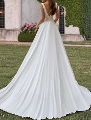 Aimishang Hall Casual Wedding Dresses A-Line V Neck Sleeveless Sweep / Brush Train Chiffon Bridal Gowns With Pleats